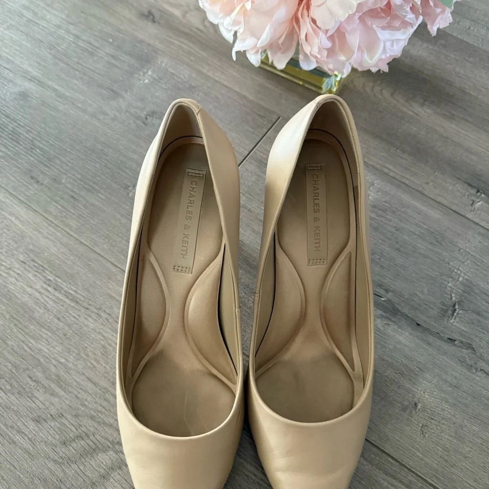 Charles & Keith Emmy Nude‎ Leather Point Toe Classic Heels